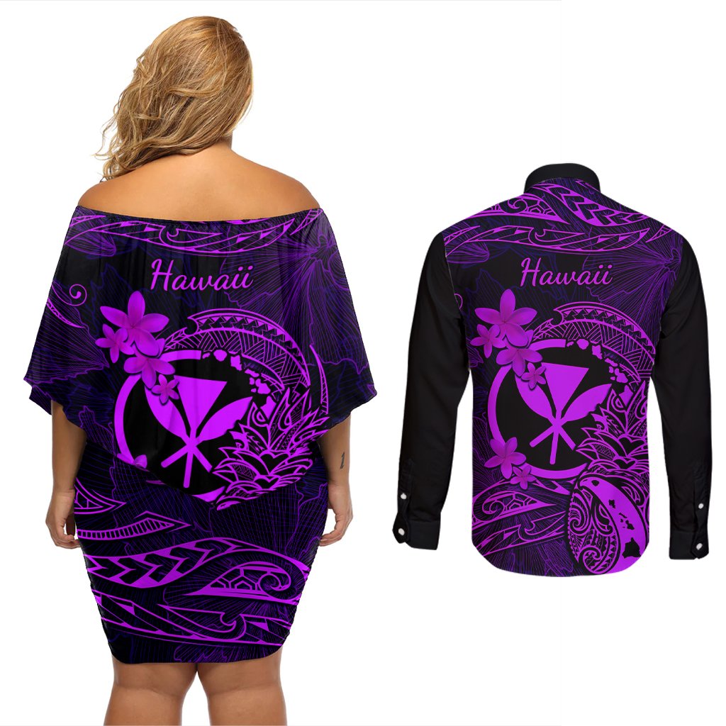 Hawaii Couples Matching Off Shoulder Short Dress and Long Sleeve Button Shirts Pineapple Mix Polynesian Plumeria Purple Version LT14 - Polynesian Pride