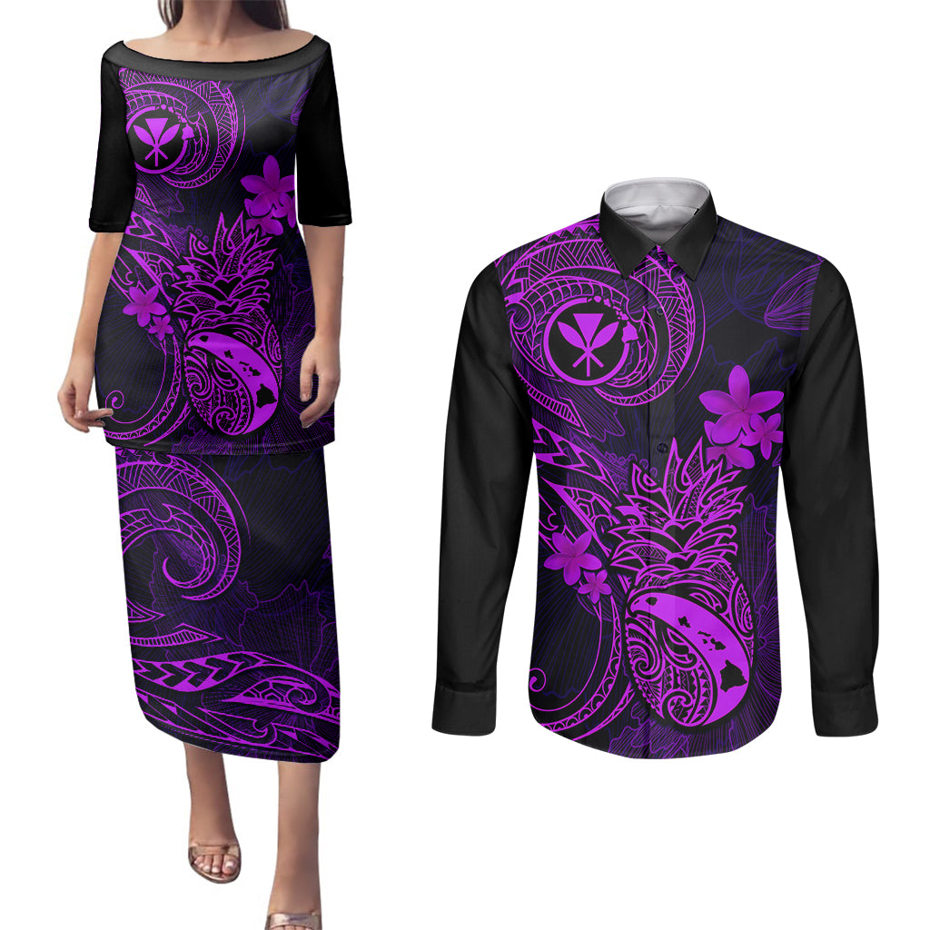 Hawaii Couples Matching Puletasi Dress and Long Sleeve Button Shirts Pineapple Mix Polynesian Plumeria Purple Version LT14 Purple - Polynesian Pride