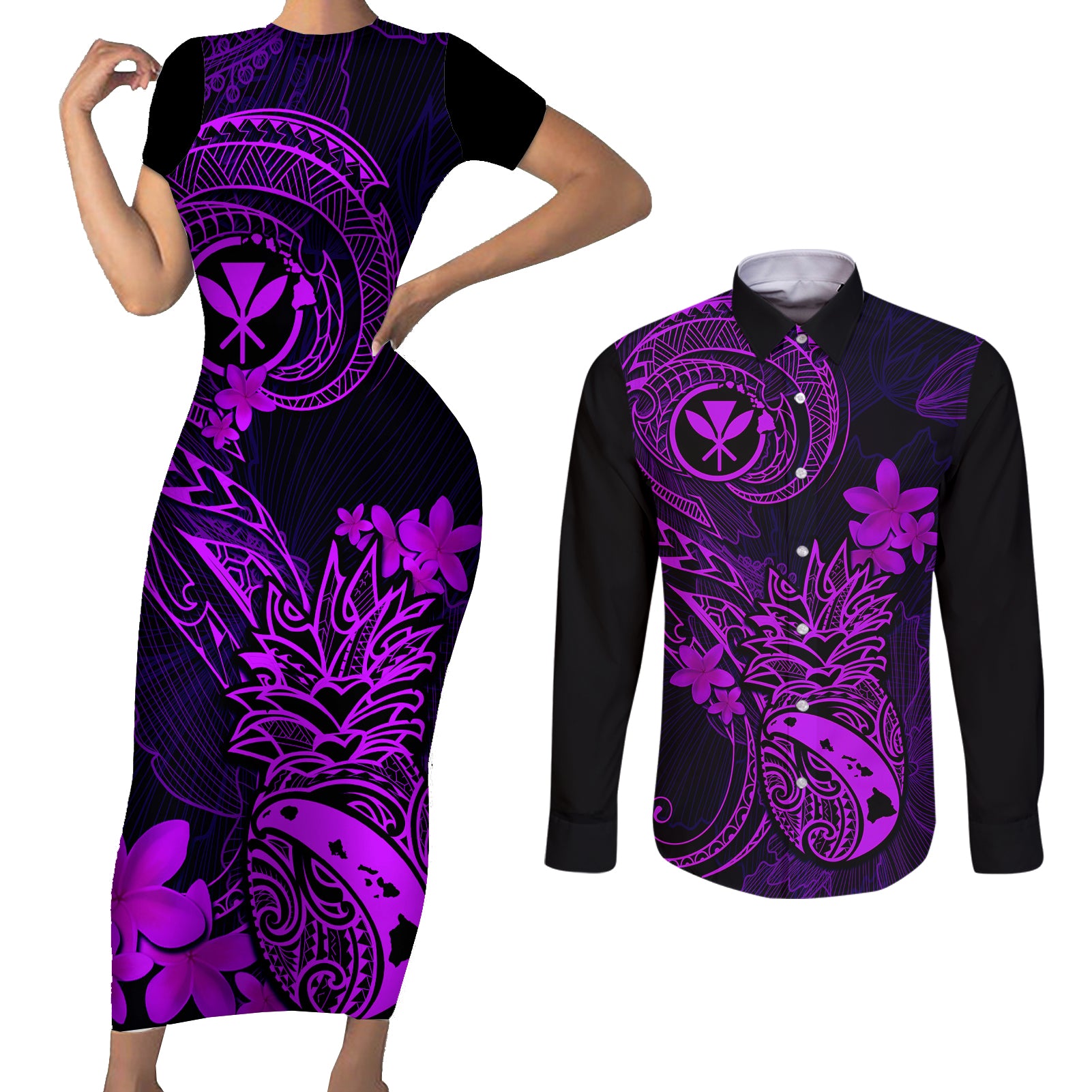 Hawaii Couples Matching Short Sleeve Bodycon Dress and Long Sleeve Button Shirts Pineapple Mix Polynesian Plumeria Purple Version LT14 Purple - Polynesian Pride
