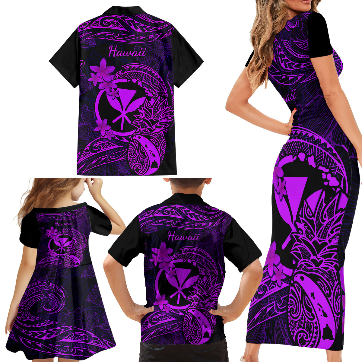 Hawaii Family Matching Short Sleeve Bodycon Dress and Hawaiian Shirt Pineapple Mix Polynesian Plumeria Purple Version LT14 - Polynesian Pride