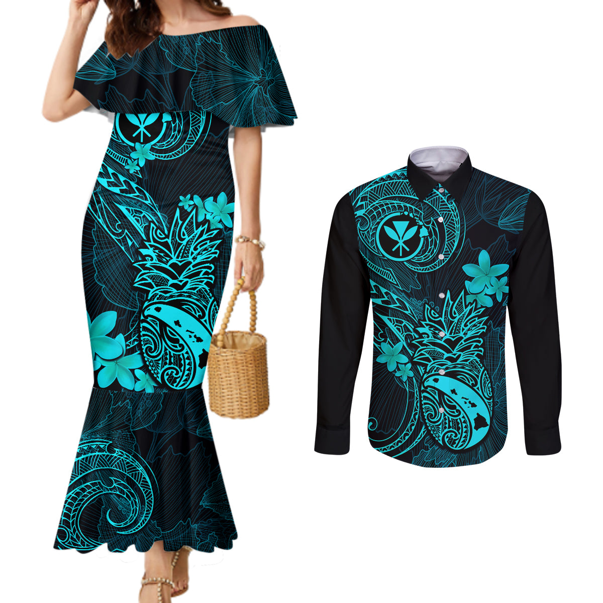 Hawaii Couples Matching Mermaid Dress and Long Sleeve Button Shirts Pineapple Mix Polynesian Plumeria Turquoise Version LT14 Turquoise - Polynesian Pride