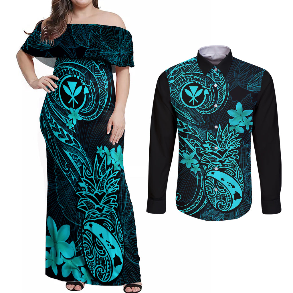 Hawaii Couples Matching Off Shoulder Maxi Dress and Long Sleeve Button Shirts Pineapple Mix Polynesian Plumeria Turquoise Version LT14 Turquoise - Polynesian Pride