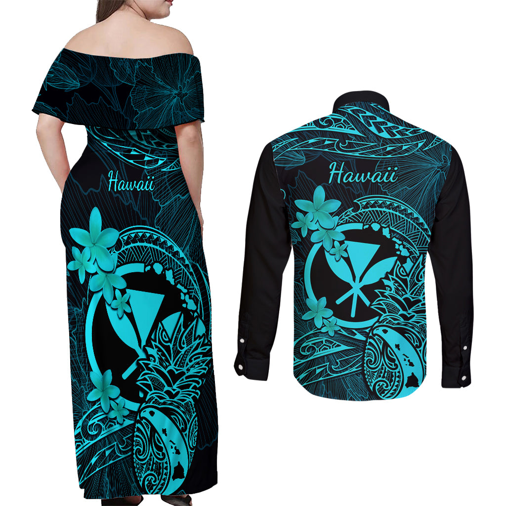Hawaii Couples Matching Off Shoulder Maxi Dress and Long Sleeve Button Shirts Pineapple Mix Polynesian Plumeria Turquoise Version LT14 - Polynesian Pride