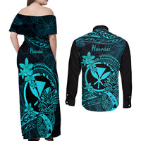 Hawaii Couples Matching Off Shoulder Maxi Dress and Long Sleeve Button Shirts Pineapple Mix Polynesian Plumeria Turquoise Version LT14 - Polynesian Pride
