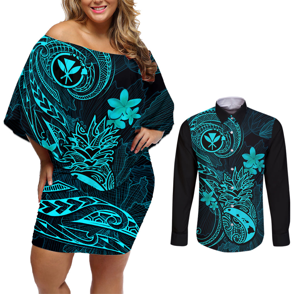 Hawaii Couples Matching Off Shoulder Short Dress and Long Sleeve Button Shirts Pineapple Mix Polynesian Plumeria Turquoise Version LT14 Turquoise - Polynesian Pride