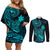 Hawaii Couples Matching Off Shoulder Short Dress and Long Sleeve Button Shirts Pineapple Mix Polynesian Plumeria Turquoise Version LT14 Turquoise - Polynesian Pride