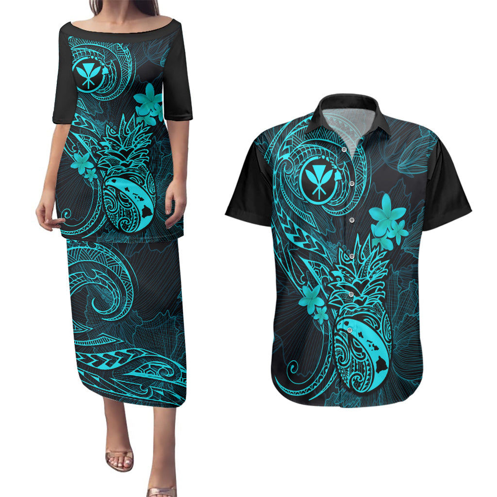 Hawaii Couples Matching Puletasi Dress and Hawaiian Shirt Pineapple Mix Polynesian Plumeria Turquoise Version LT14 Turquoise - Polynesian Pride