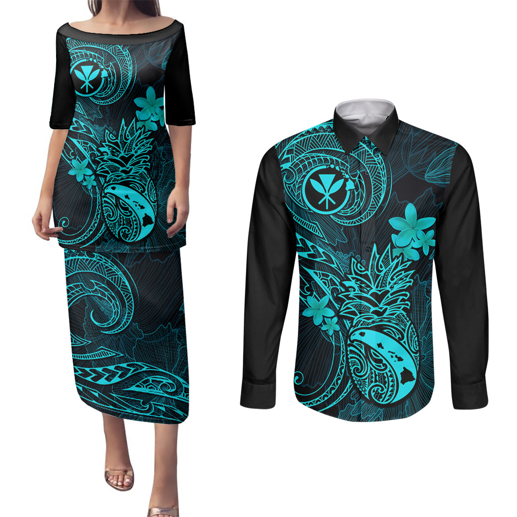 Hawaii Couples Matching Puletasi Dress and Long Sleeve Button Shirts Pineapple Mix Polynesian Plumeria Turquoise Version LT14 Turquoise - Polynesian Pride