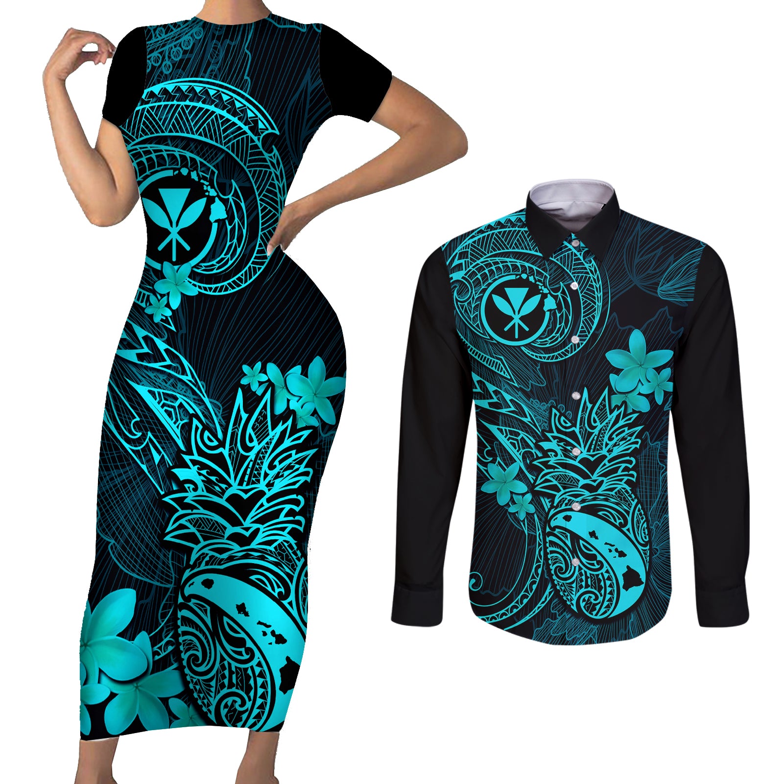 Hawaii Couples Matching Short Sleeve Bodycon Dress and Long Sleeve Button Shirts Pineapple Mix Polynesian Plumeria Turquoise Version LT14 Turquoise - Polynesian Pride