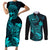 Hawaii Couples Matching Short Sleeve Bodycon Dress and Long Sleeve Button Shirts Pineapple Mix Polynesian Plumeria Turquoise Version LT14 Turquoise - Polynesian Pride