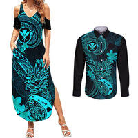 Hawaii Couples Matching Summer Maxi Dress and Long Sleeve Button Shirts Pineapple Mix Polynesian Plumeria Turquoise Version LT14 Turquoise - Polynesian Pride