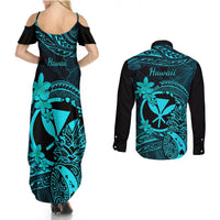 Hawaii Couples Matching Summer Maxi Dress and Long Sleeve Button Shirts Pineapple Mix Polynesian Plumeria Turquoise Version LT14 - Polynesian Pride