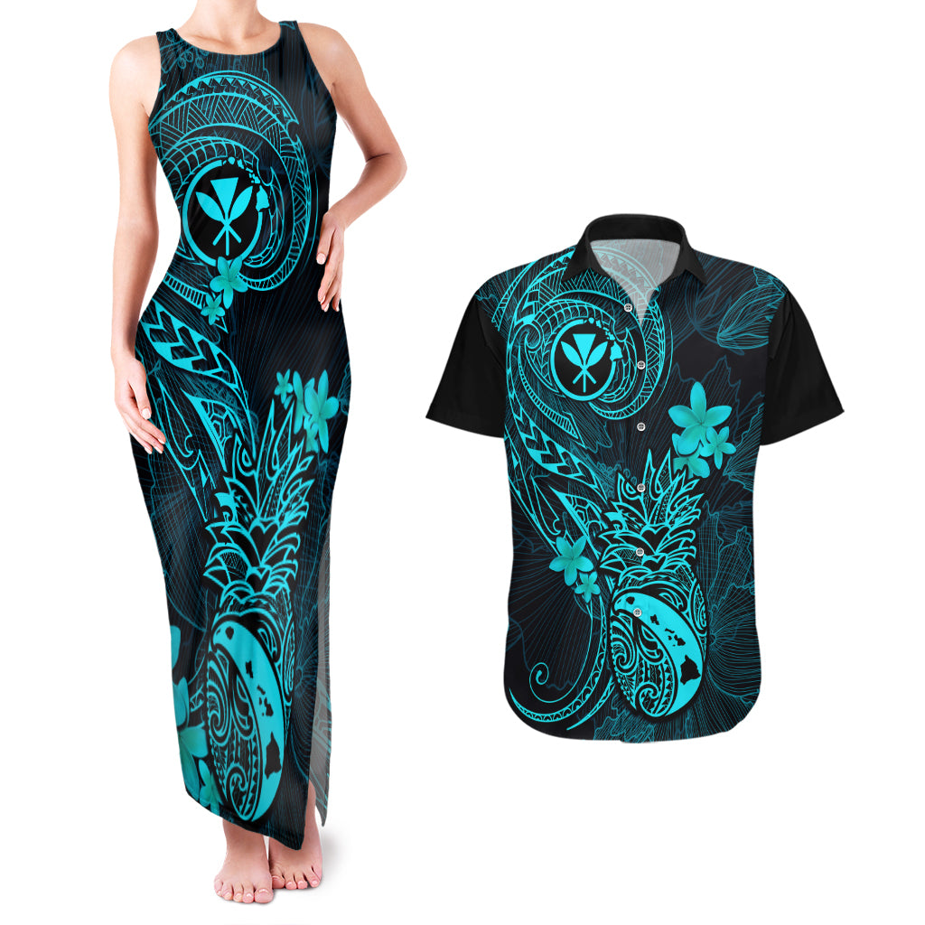 Hawaii Couples Matching Tank Maxi Dress and Hawaiian Shirt Pineapple Mix Polynesian Plumeria Turquoise Version LT14 Turquoise - Polynesian Pride