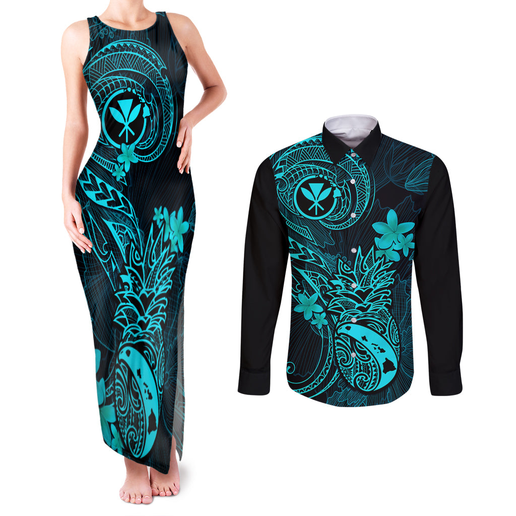 Hawaii Couples Matching Tank Maxi Dress and Long Sleeve Button Shirts Pineapple Mix Polynesian Plumeria Turquoise Version LT14 Turquoise - Polynesian Pride