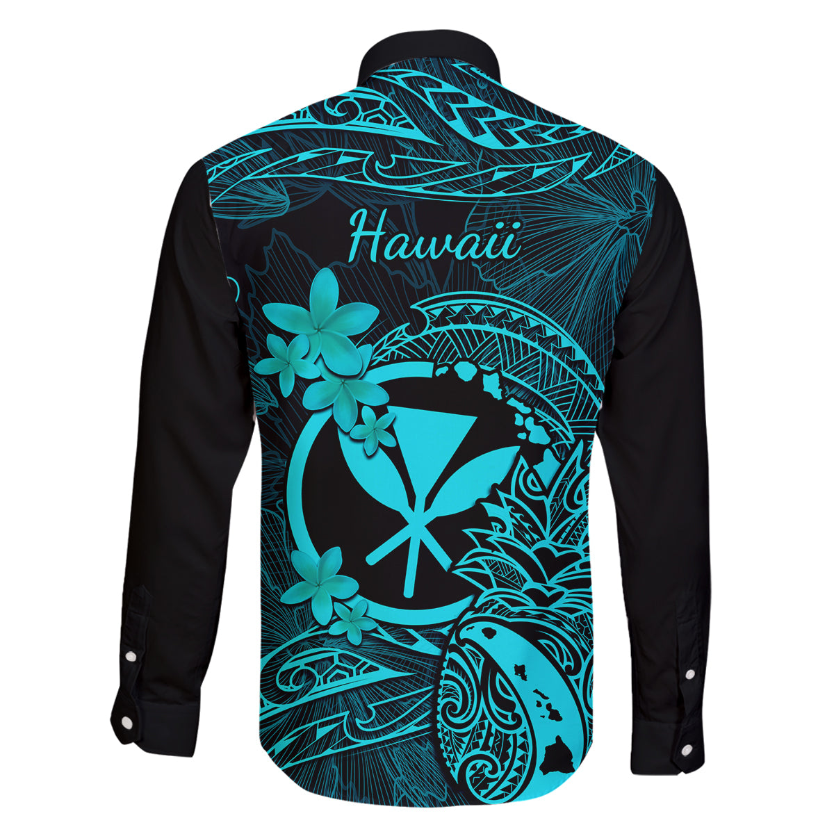 Hawaii Family Matching Off Shoulder Long Sleeve Dress and Hawaiian Shirt Pineapple Mix Polynesian Plumeria Turquoise Version LT14 - Polynesian Pride
