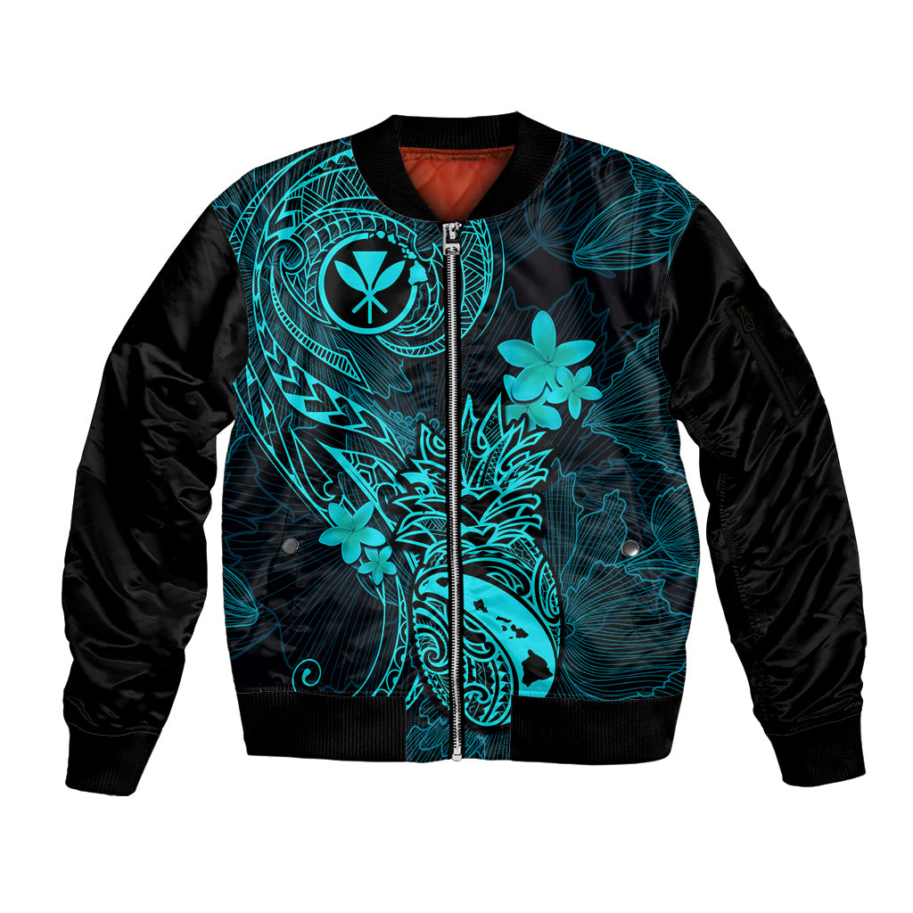 Hawaii Sleeve Zip Bomber Jacket Pineapple Mix Polynesian Plumeria Turquoise Version LT14 Unisex Turquoise - Polynesian Pride