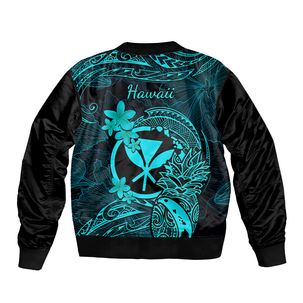 Hawaii Sleeve Zip Bomber Jacket Pineapple Mix Polynesian Plumeria Turquoise Version LT14 - Polynesian Pride