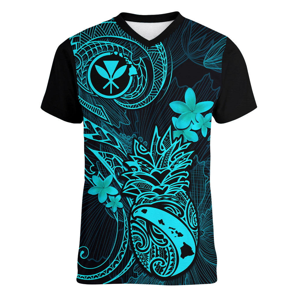 Hawaii Women V Neck T Shirt Pineapple Mix Polynesian Plumeria Turquoise Version LT14 Female Turquoise - Polynesian Pride