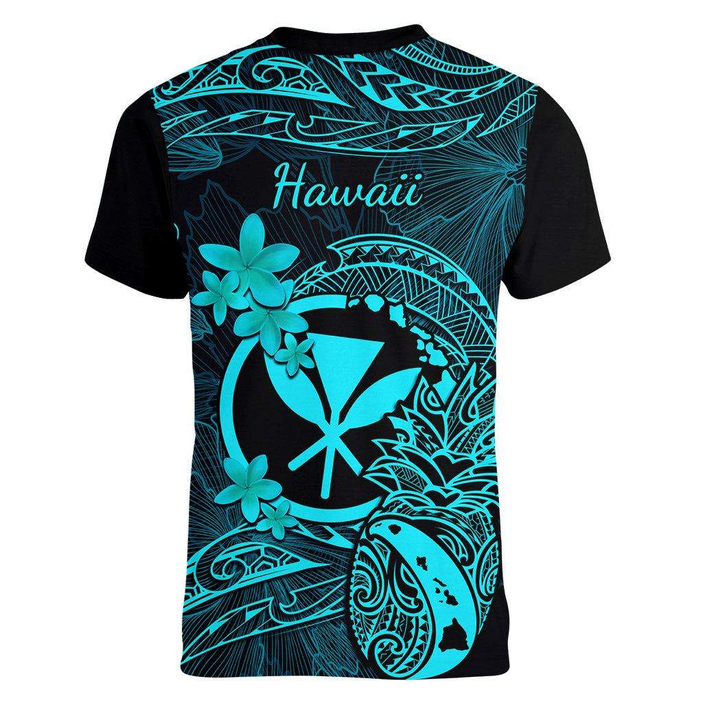 Hawaii Women V Neck T Shirt Pineapple Mix Polynesian Plumeria Turquoise Version LT14 - Polynesian Pride