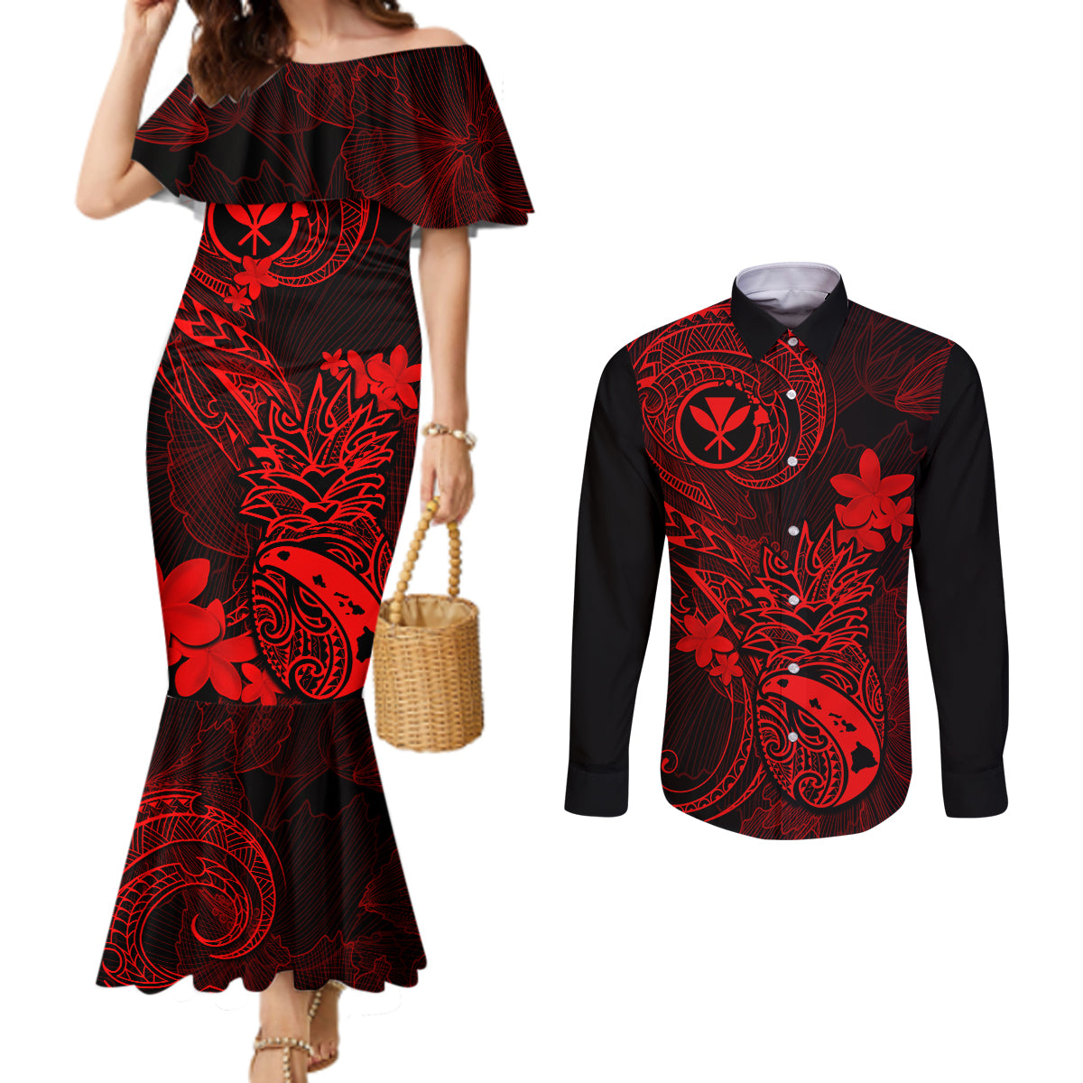 Hawaii Couples Matching Mermaid Dress and Long Sleeve Button Shirts Pineapple Mix Polynesian Plumeria Red Version LT14 Red - Polynesian Pride