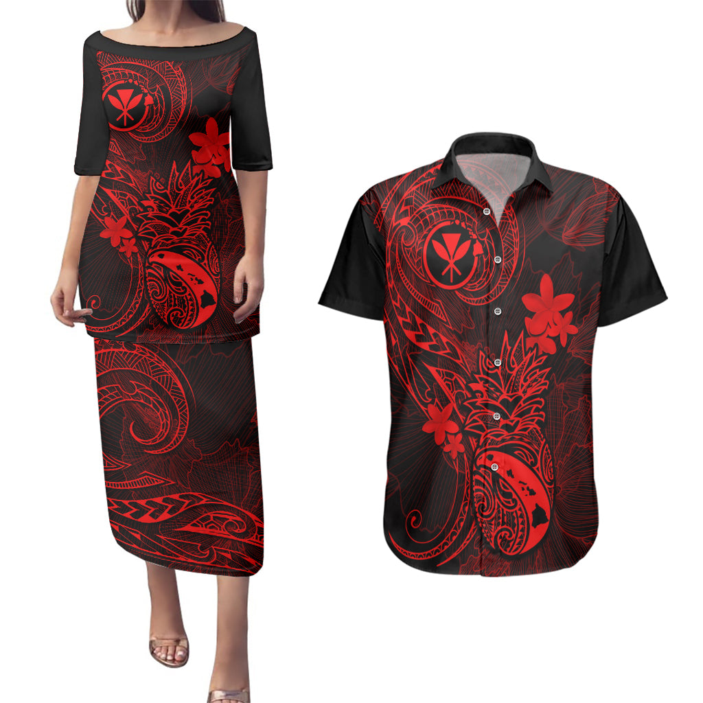 Hawaii Couples Matching Puletasi Dress and Hawaiian Shirt Pineapple Mix Polynesian Plumeria Red Version LT14 Red - Polynesian Pride