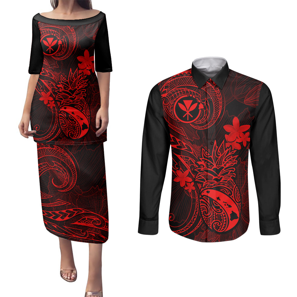 Hawaii Couples Matching Puletasi Dress and Long Sleeve Button Shirts Pineapple Mix Polynesian Plumeria Red Version LT14 Red - Polynesian Pride