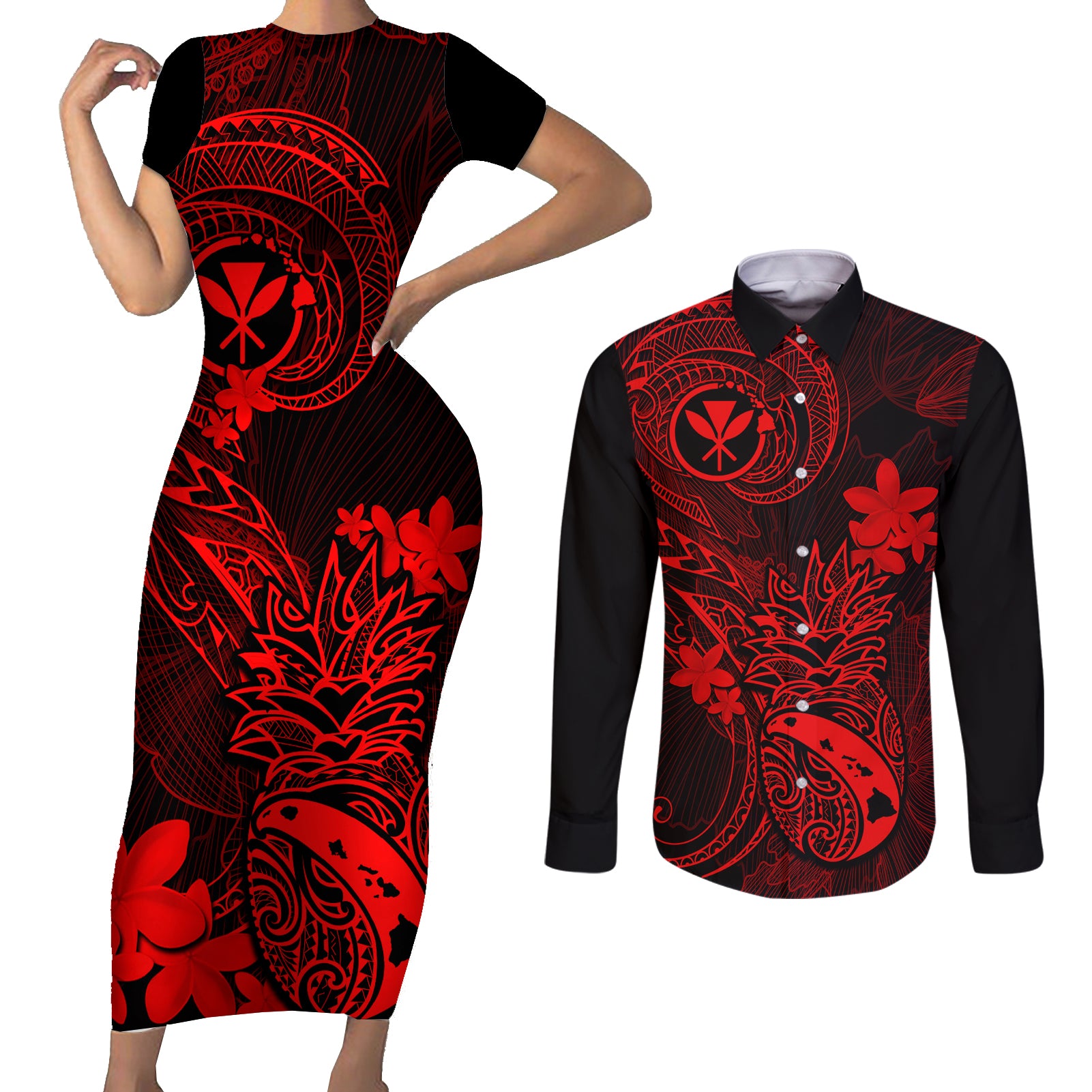 Hawaii Couples Matching Short Sleeve Bodycon Dress and Long Sleeve Button Shirts Pineapple Mix Polynesian Plumeria Red Version LT14 Red - Polynesian Pride