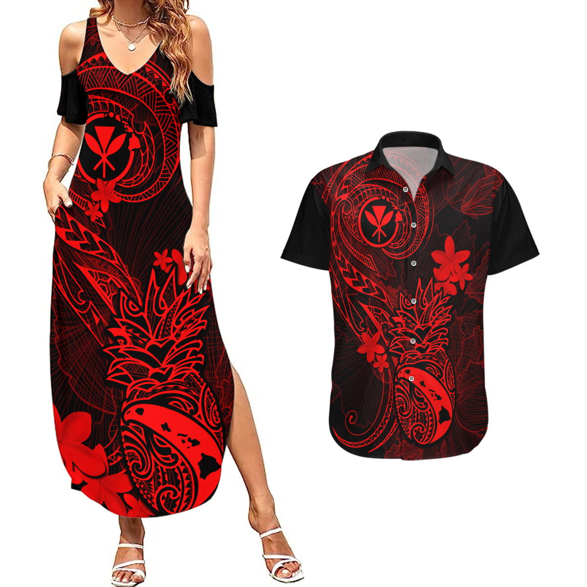 Hawaii Couples Matching Summer Maxi Dress and Hawaiian Shirt Pineapple Mix Polynesian Plumeria Red Version LT14 Red - Polynesian Pride