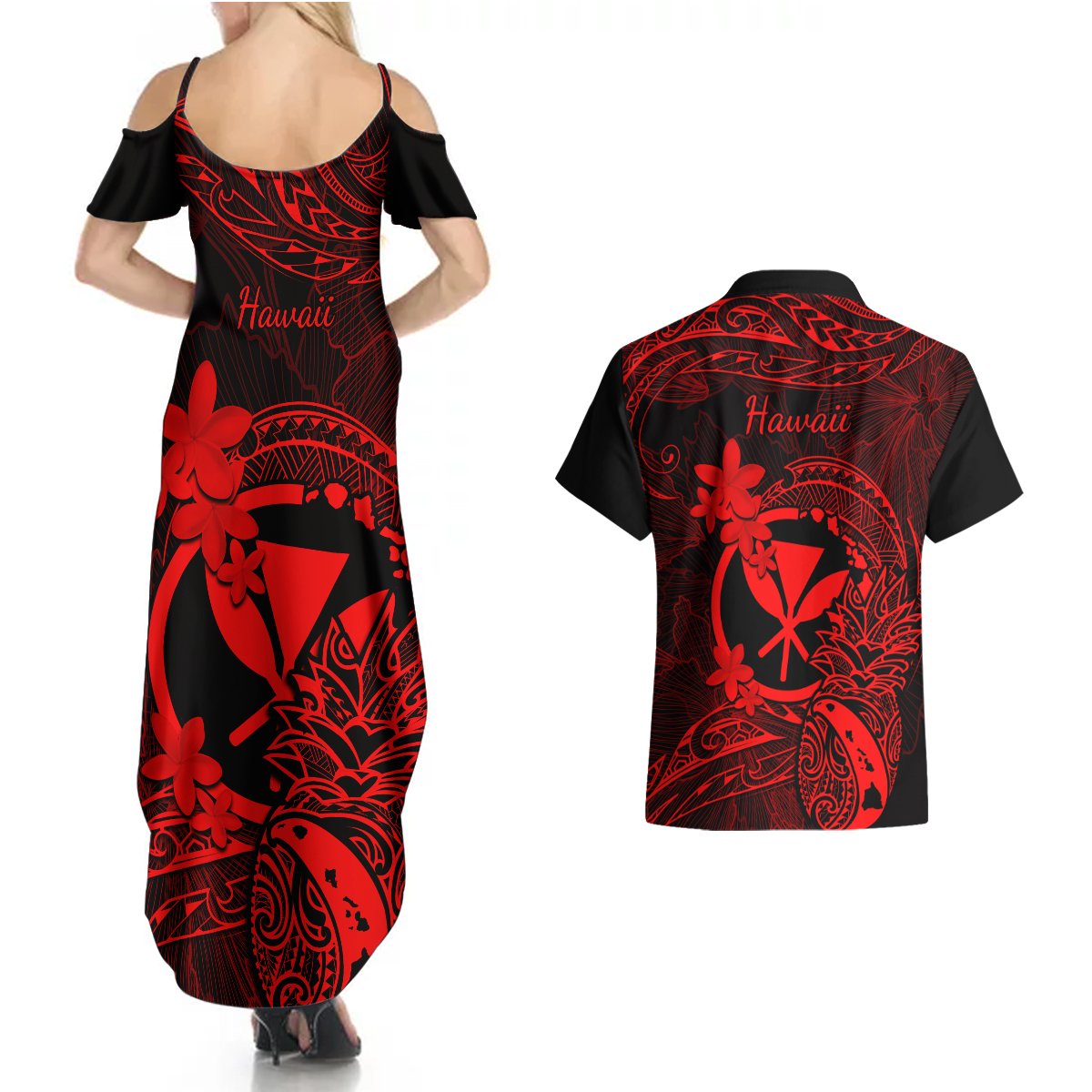 Hawaii Couples Matching Summer Maxi Dress and Hawaiian Shirt Pineapple Mix Polynesian Plumeria Red Version LT14 - Polynesian Pride