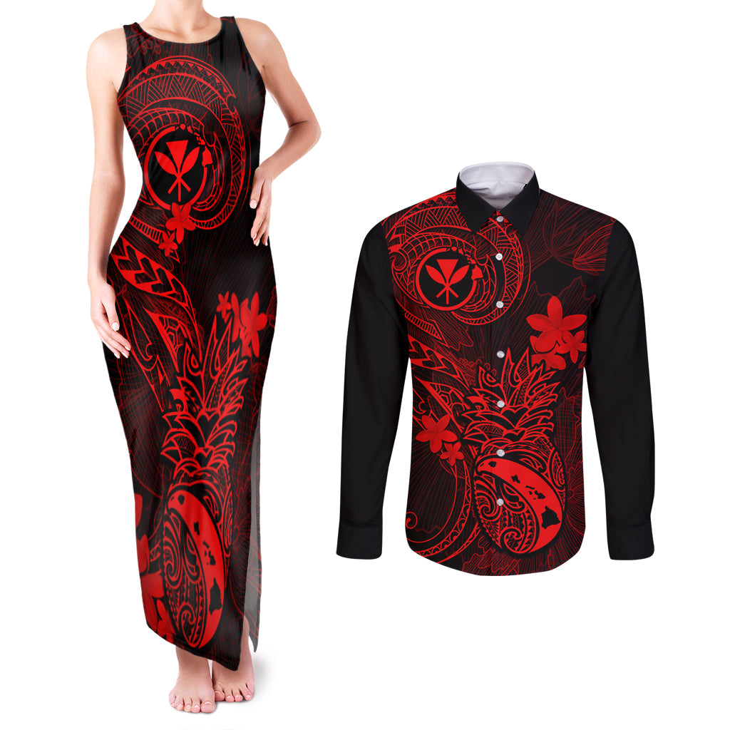 Hawaii Couples Matching Tank Maxi Dress and Long Sleeve Button Shirts Pineapple Mix Polynesian Plumeria Red Version LT14 Red - Polynesian Pride