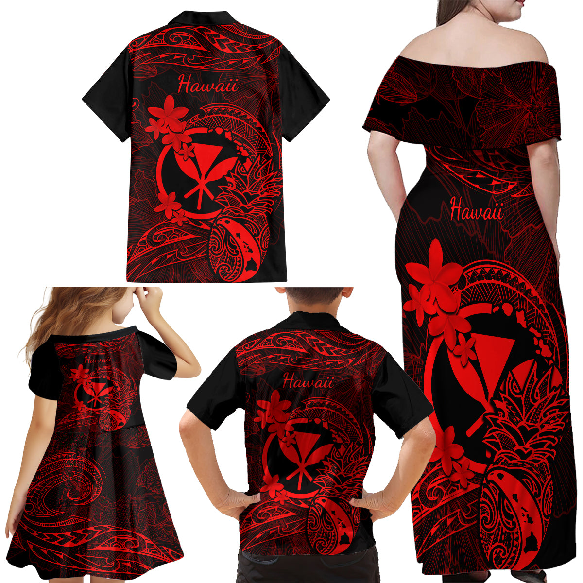 Hawaii Family Matching Off Shoulder Maxi Dress and Hawaiian Shirt Pineapple Mix Polynesian Plumeria Red Version LT14 - Polynesian Pride