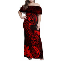 Hawaii Family Matching Off Shoulder Maxi Dress and Hawaiian Shirt Pineapple Mix Polynesian Plumeria Red Version LT14 Mom's Dress Red - Polynesian Pride
