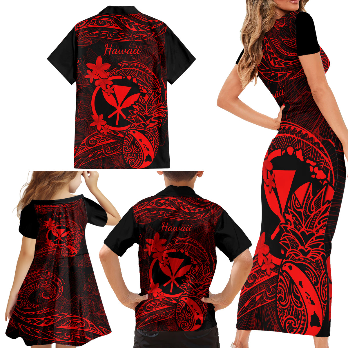 hawaii-family-matching-short-sleeve-bodycon-dress-and-hawaiian-shirt-pineapple-mix-polynesian-plumeria-red-version