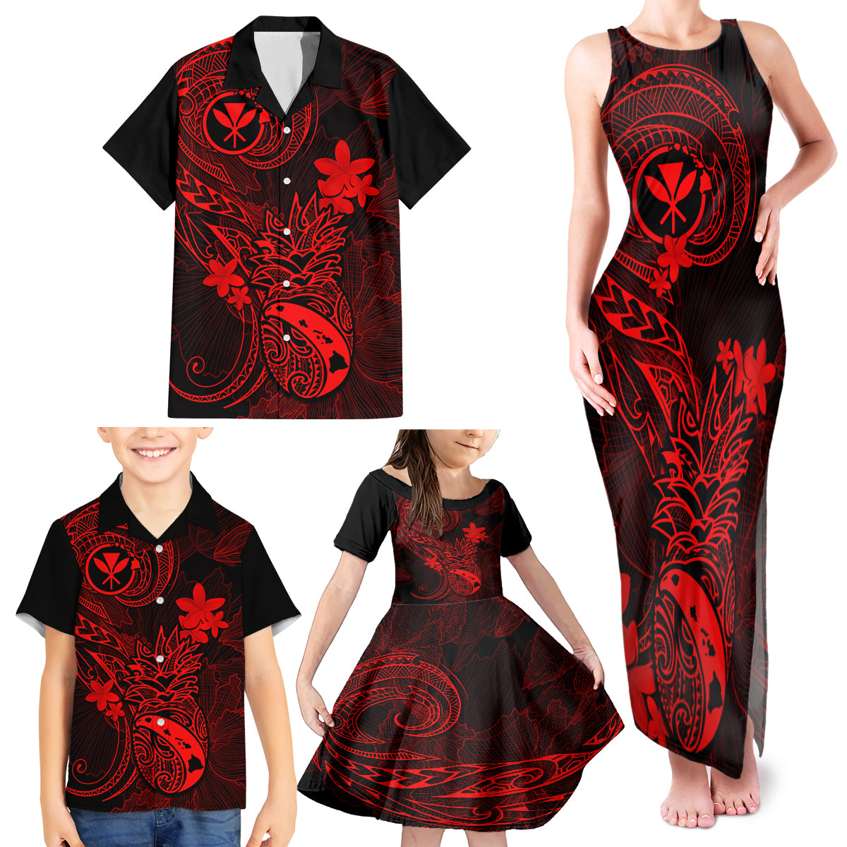 Hawaii Family Matching Tank Maxi Dress and Hawaiian Shirt Pineapple Mix Polynesian Plumeria Red Version LT14 - Polynesian Pride