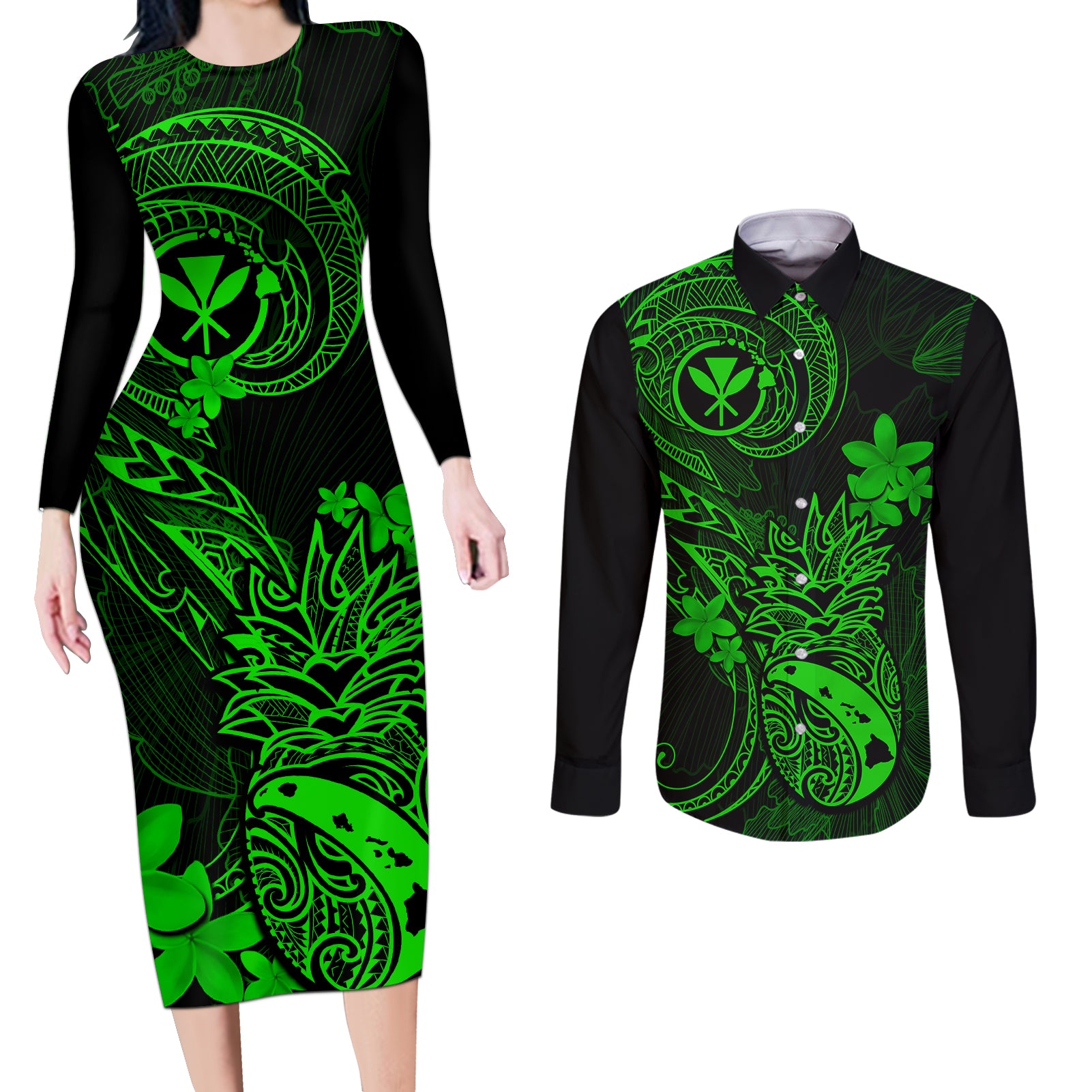 hawaii-couples-matching-long-sleeve-bodycon-dress-and-long-sleeve-button-shirts-pineapple-mix-polynesian-plumeria-green-version