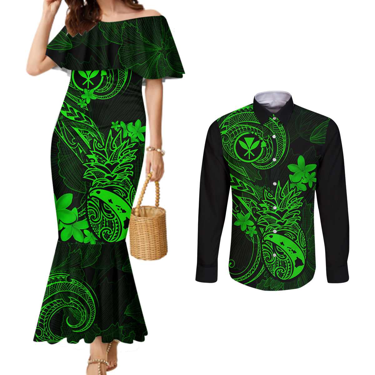hawaii-couples-matching-mermaid-dress-and-long-sleeve-button-shirts-pineapple-mix-polynesian-plumeria-green-version