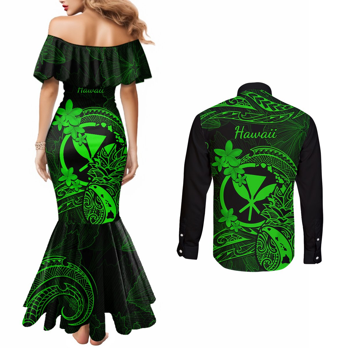hawaii-couples-matching-mermaid-dress-and-long-sleeve-button-shirts-pineapple-mix-polynesian-plumeria-green-version