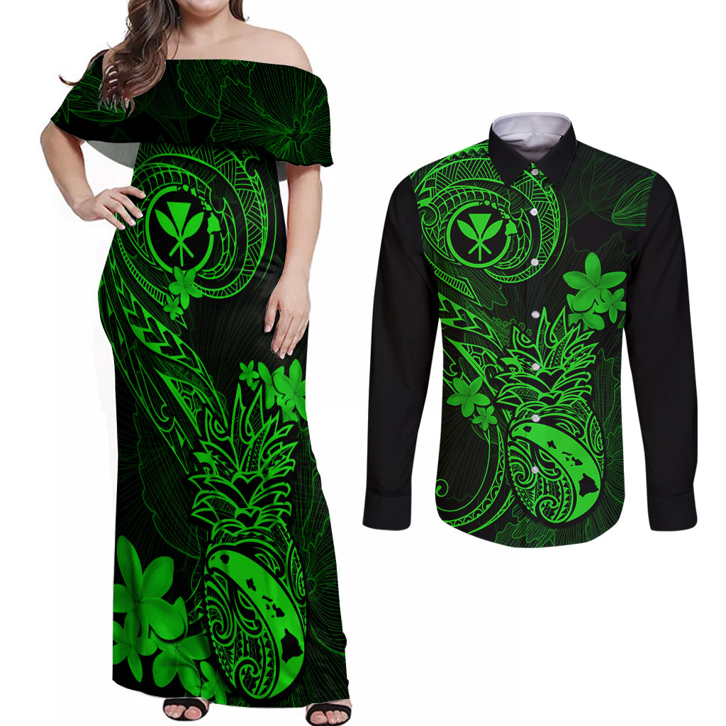 hawaii-couples-matching-off-shoulder-maxi-dress-and-long-sleeve-button-shirts-pineapple-mix-polynesian-plumeria-green-version