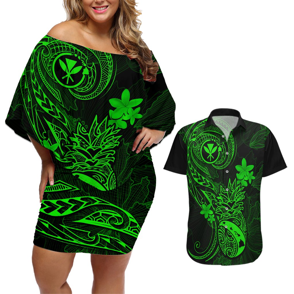 Hawaii Couples Matching Off Shoulder Short Dress and Hawaiian Shirt Pineapple Mix Polynesian Plumeria Green Version LT14 Green - Polynesian Pride