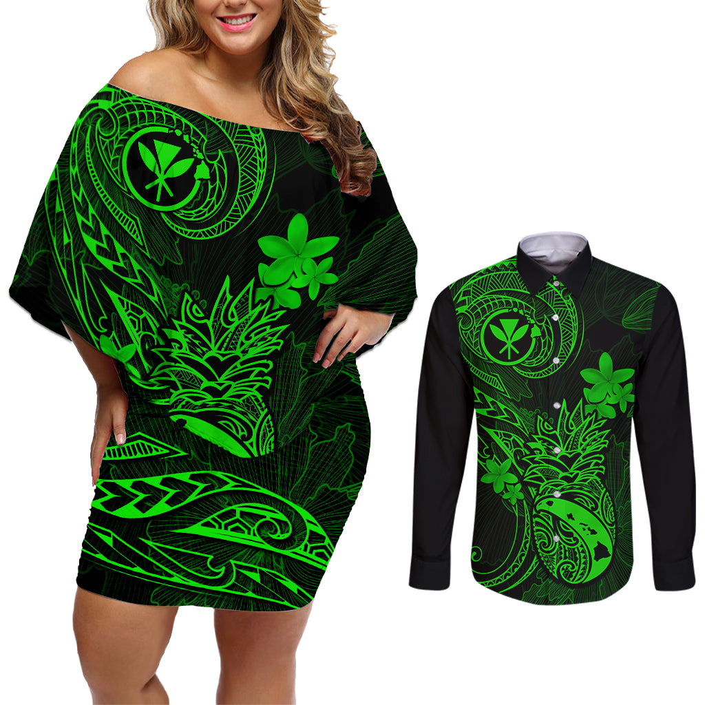 hawaii-couples-matching-off-shoulder-short-dress-and-long-sleeve-button-shirts-pineapple-mix-polynesian-plumeria-green-version