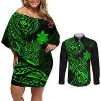 hawaii-couples-matching-off-shoulder-short-dress-and-long-sleeve-button-shirts-pineapple-mix-polynesian-plumeria-green-version