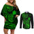 hawaii-couples-matching-off-shoulder-short-dress-and-long-sleeve-button-shirts-pineapple-mix-polynesian-plumeria-green-version