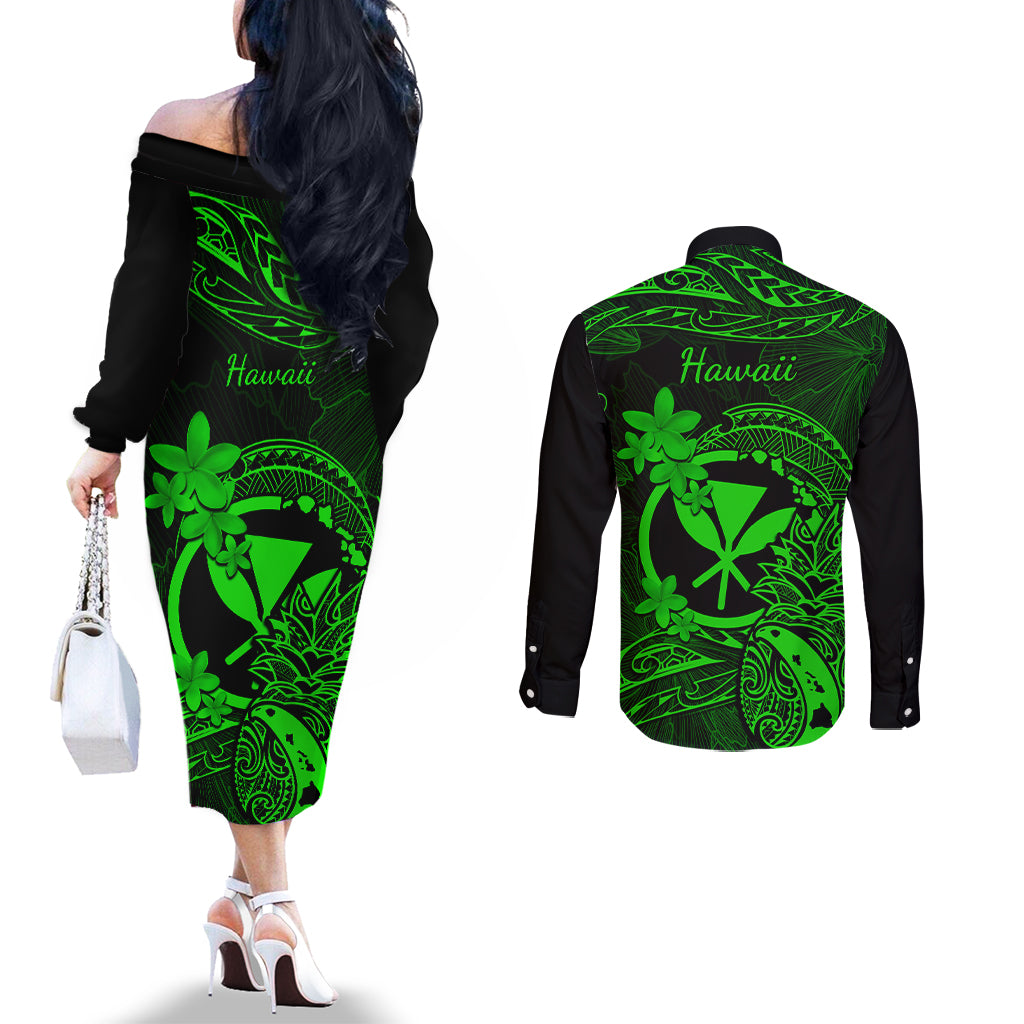 Hawaii Couples Matching Off The Shoulder Long Sleeve Dress and Long Sleeve Button Shirts Pineapple Mix Polynesian Plumeria Green Version LT14 - Polynesian Pride