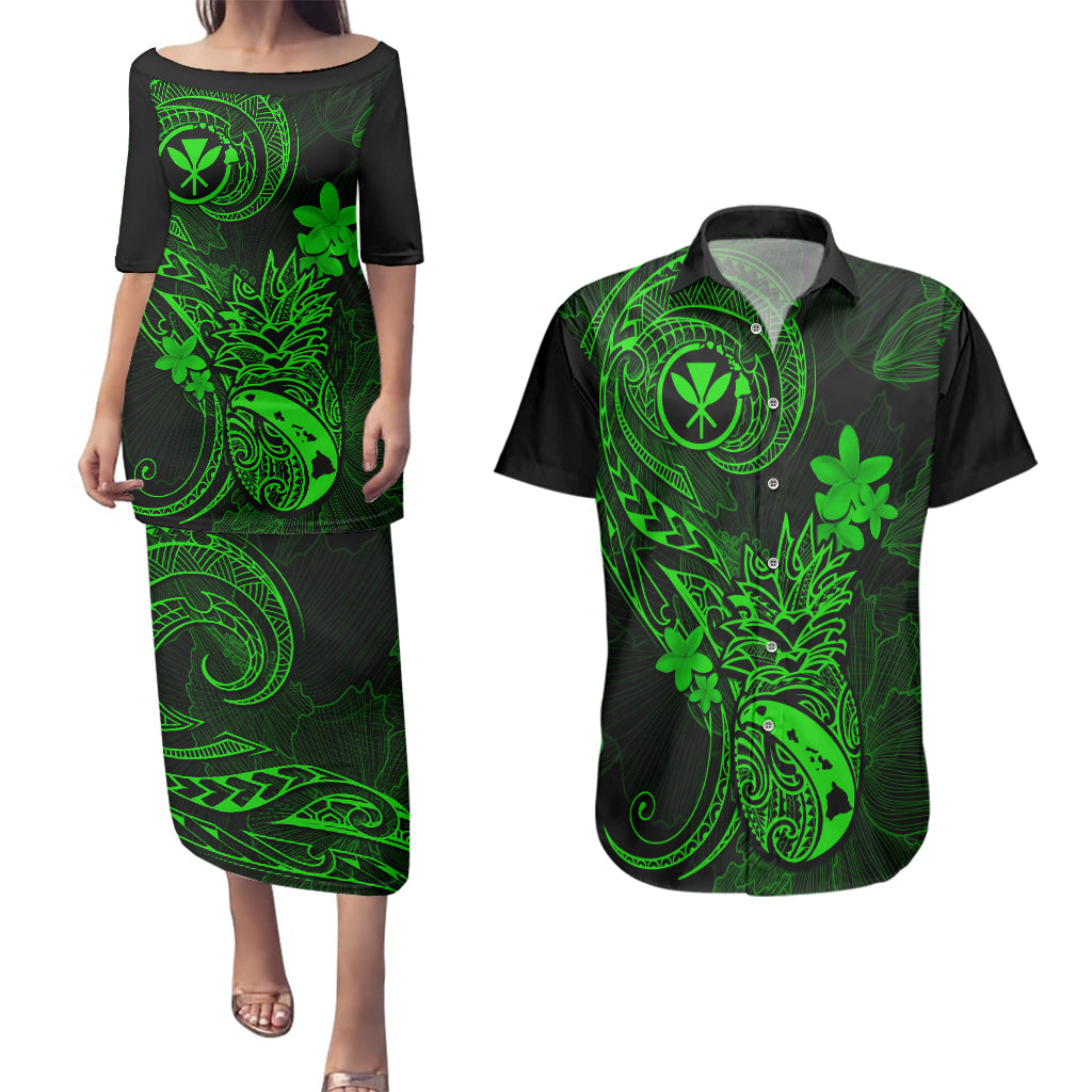 hawaii-couples-matching-puletasi-dress-and-hawaiian-shirt-pineapple-mix-polynesian-plumeria-green-version