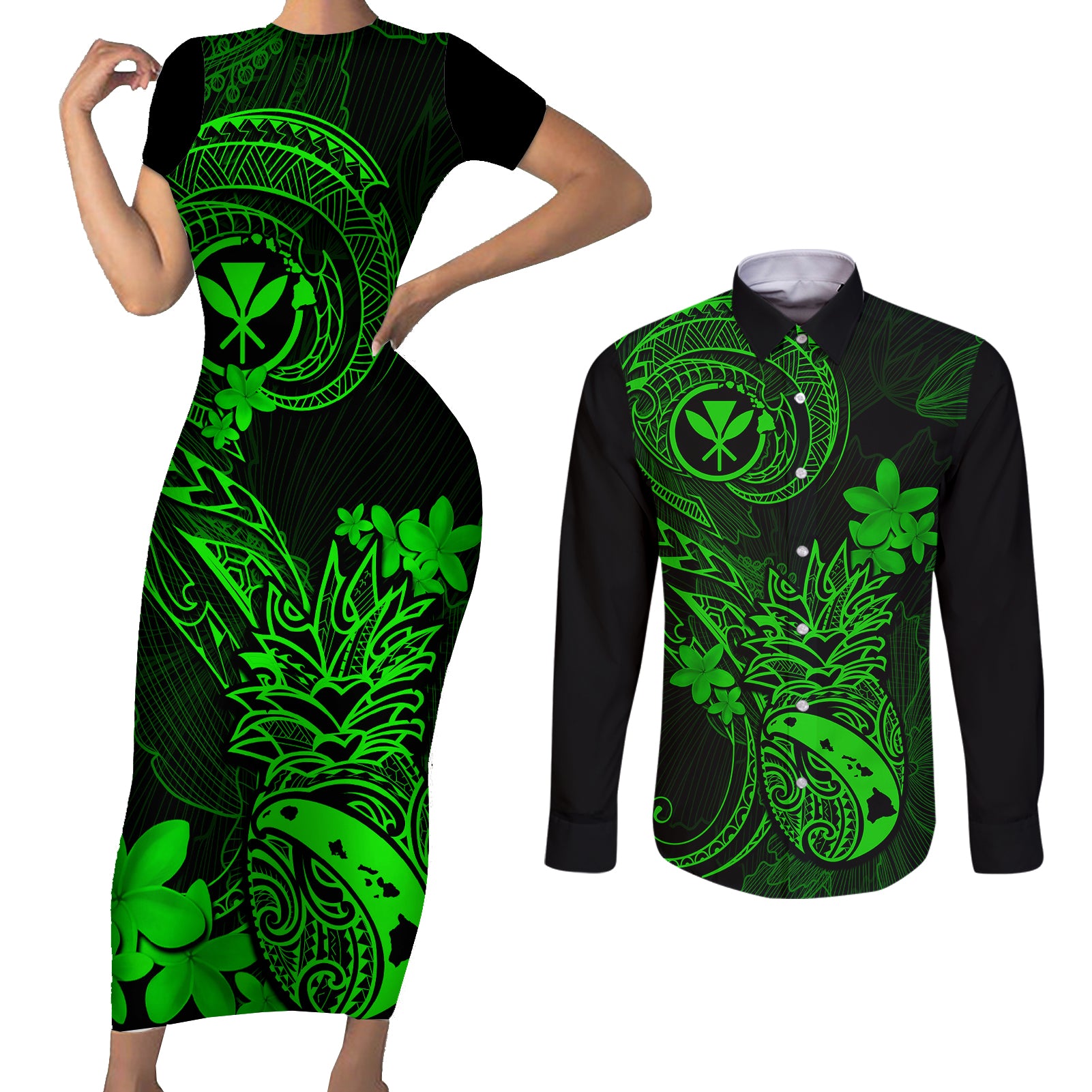 hawaii-couples-matching-short-sleeve-bodycon-dress-and-long-sleeve-button-shirts-pineapple-mix-polynesian-plumeria-green-version