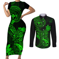 Hawaii Couples Matching Short Sleeve Bodycon Dress and Long Sleeve Button Shirts Pineapple Mix Polynesian Plumeria Green Version LT14 Green - Polynesian Pride
