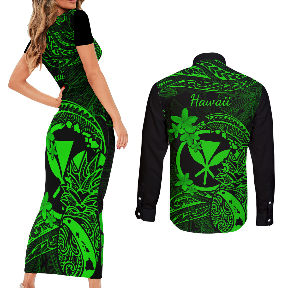 Hawaii Couples Matching Short Sleeve Bodycon Dress and Long Sleeve Button Shirts Pineapple Mix Polynesian Plumeria Green Version LT14 - Polynesian Pride