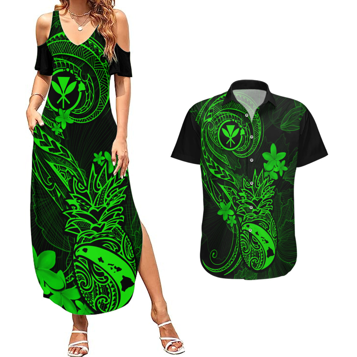 hawaii-couples-matching-summer-maxi-dress-and-hawaiian-shirt-pineapple-mix-polynesian-plumeria-green-version