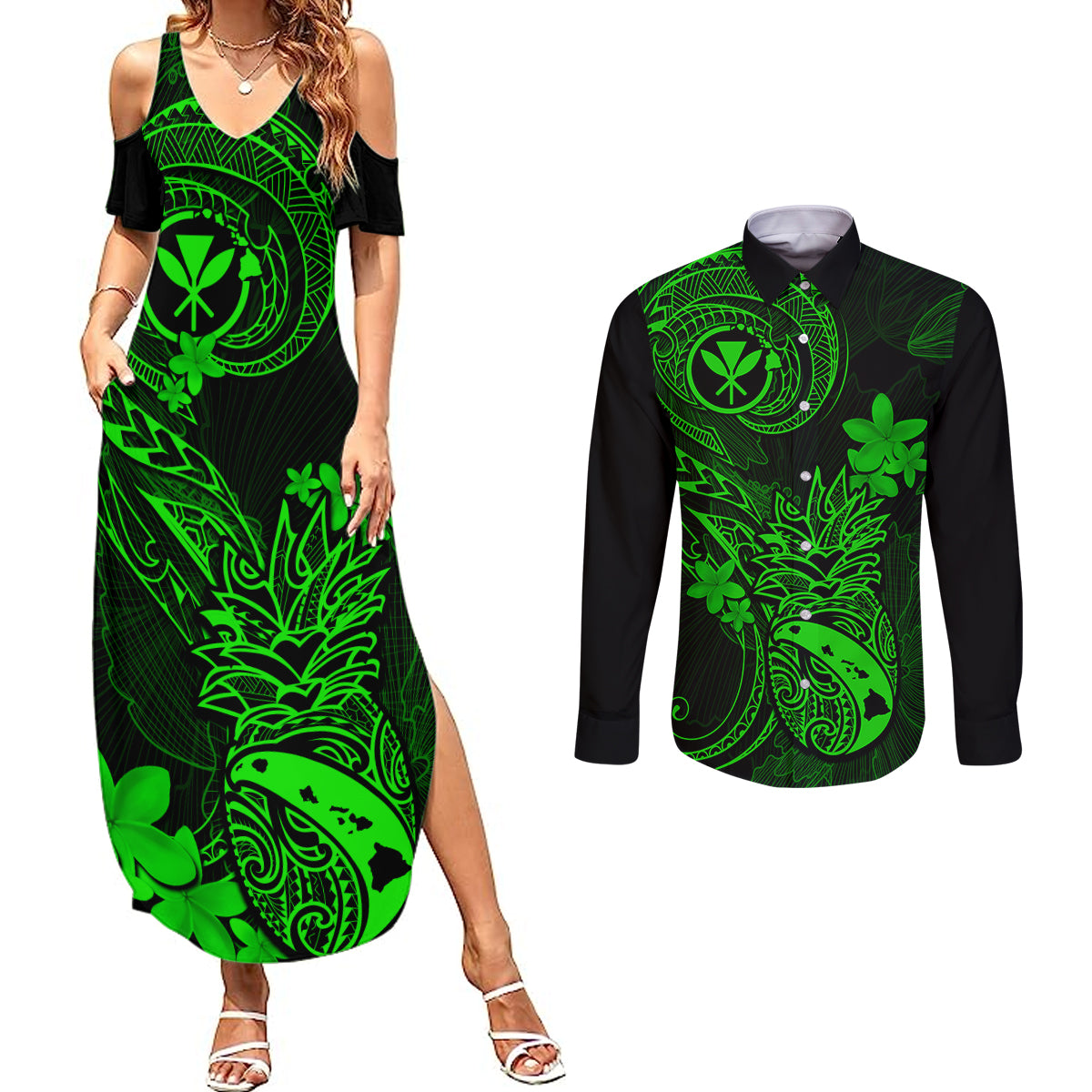 hawaii-couples-matching-summer-maxi-dress-and-long-sleeve-button-shirts-pineapple-mix-polynesian-plumeria-green-version