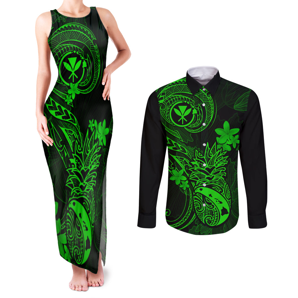 hawaii-couples-matching-tank-maxi-dress-and-long-sleeve-button-shirts-pineapple-mix-polynesian-plumeria-green-version
